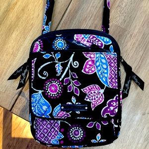 Vera Bradley Crossbody Bag; blue & purple flowery print with black background.